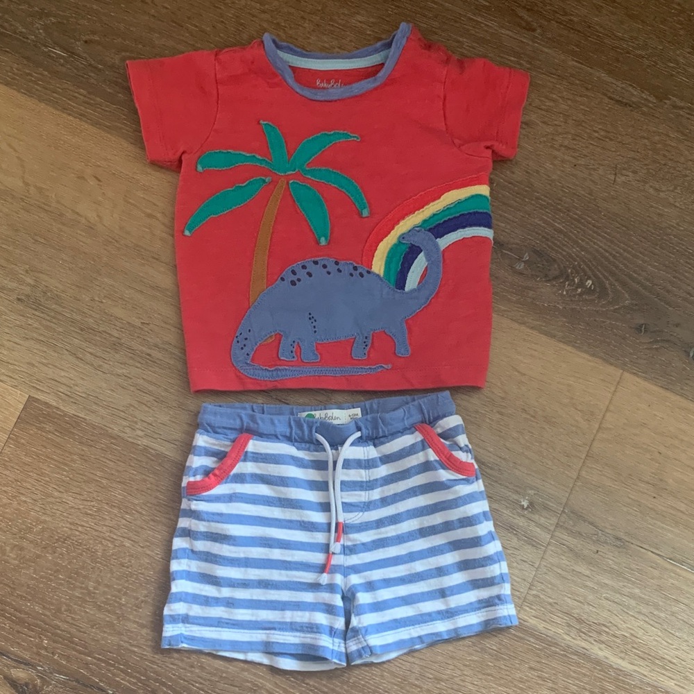 Baby Boden Red Shirt with Dinosaur and Rainbow Matching Set Size 6-12 Months